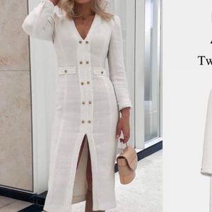 Zara white tweed dress with gold buttons